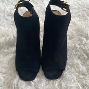 Like new, black suede Kate Spade does with gold block heel, peep toes